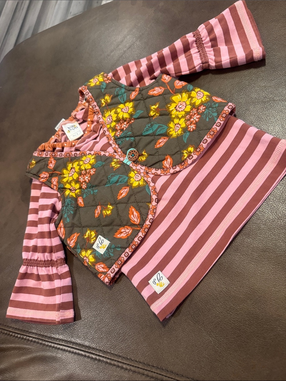 Wildflowers Pink & Brown Striped Long Sleeve Top with Floral Quilted Vest